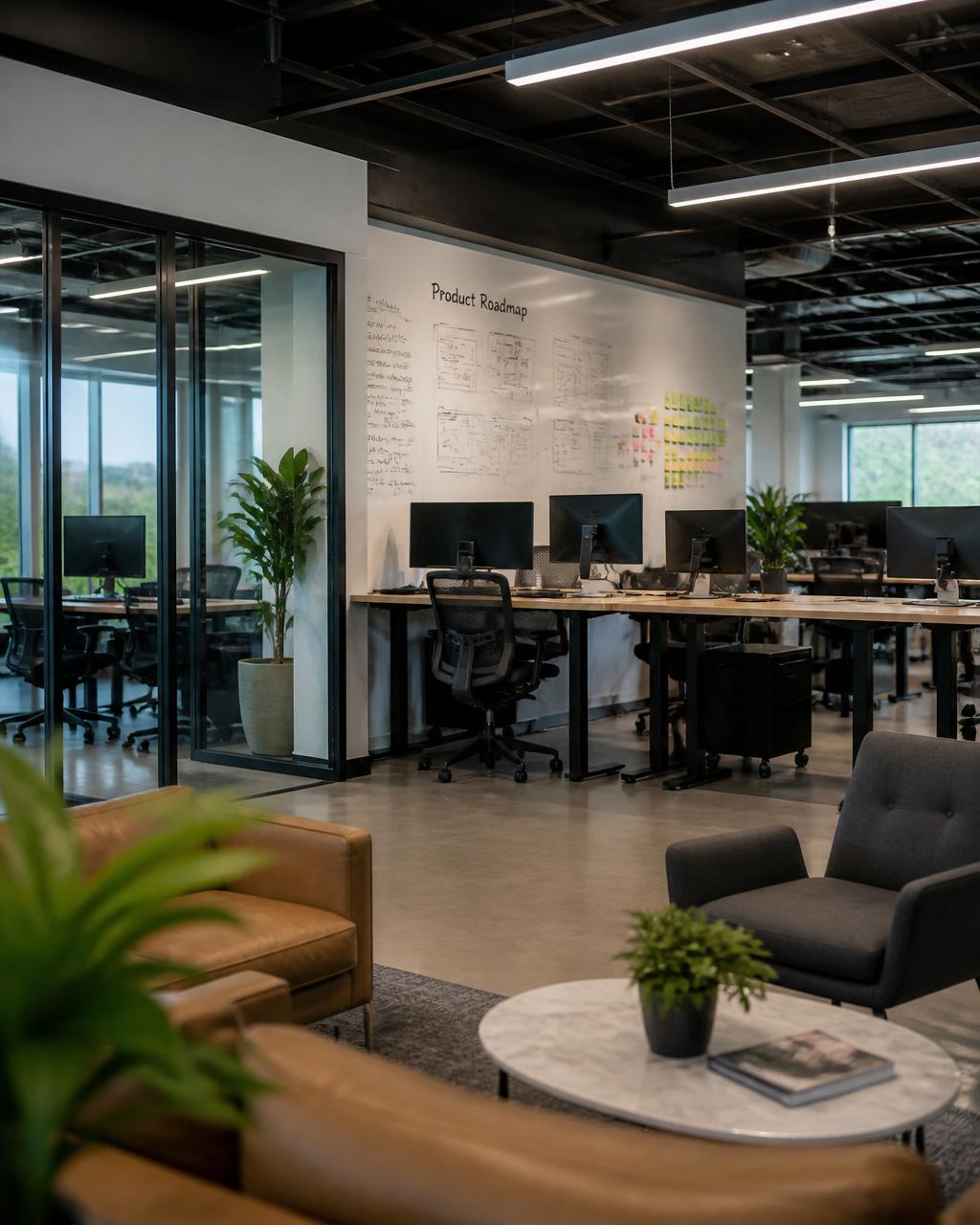 Fast-growing tech startup office with open-plan desks, monitors, and a product roadmap wall